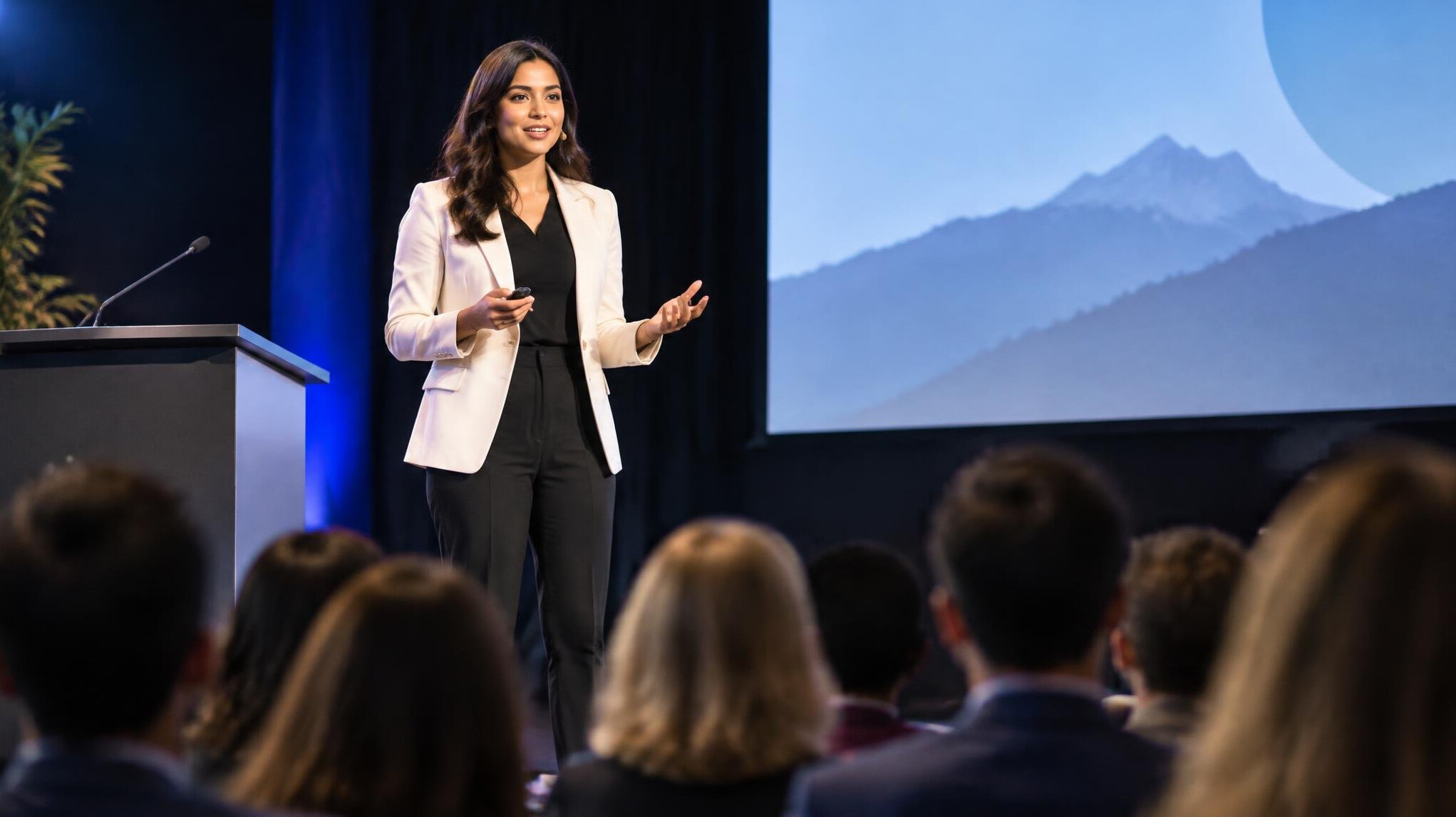 woman giving presentation on stage